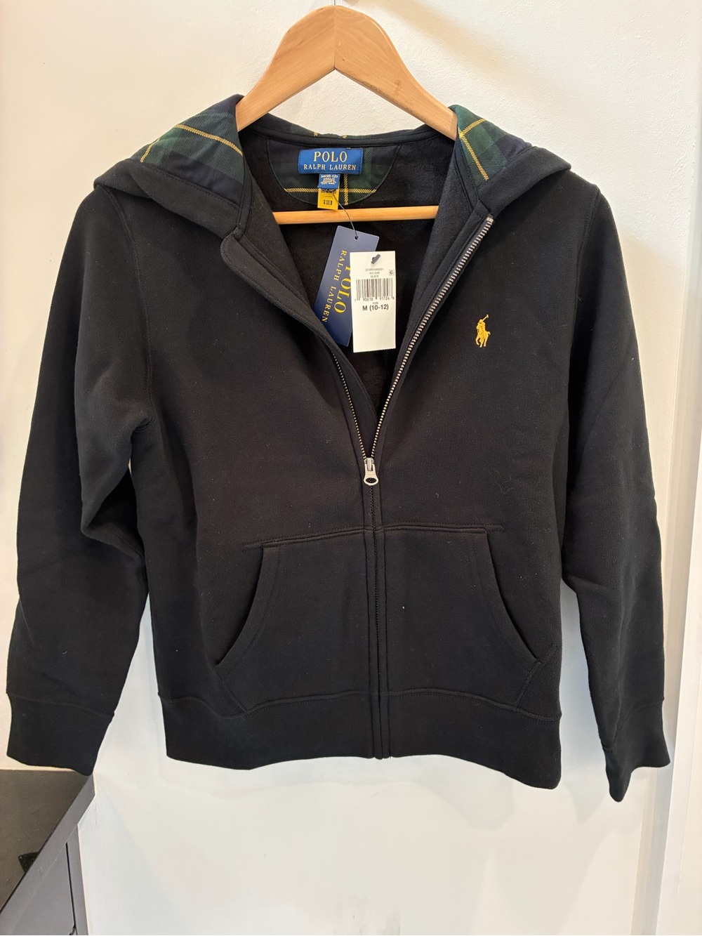 Ralph Lauren Kids Black Zip Hoodie with Yellow Pony and Green Tartan Hood
